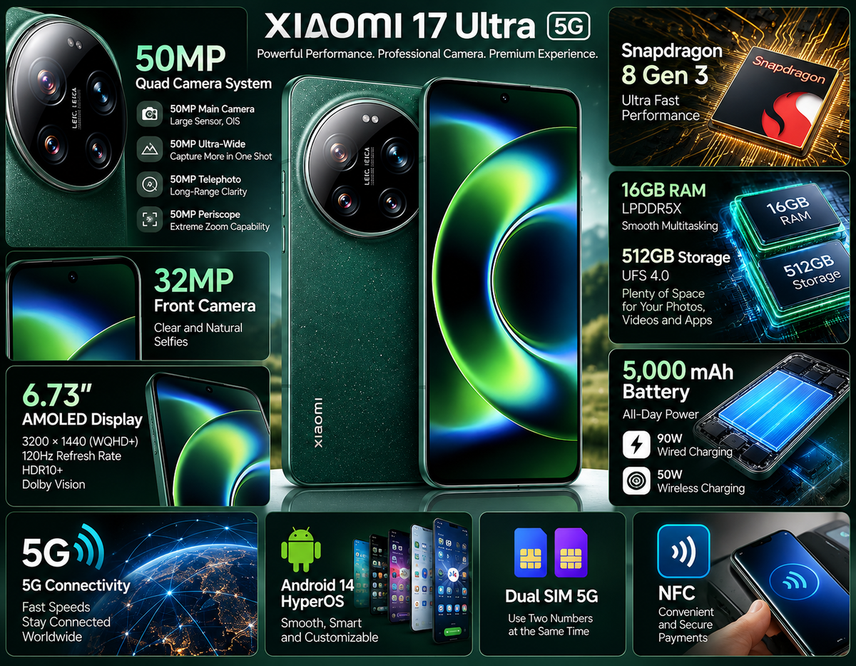Xiaomi 17 Ultra 5G 512GB ROM 16GB RAM Dual SIM GSM Unlocked - Green