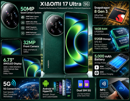 Xiaomi 17 Ultra 5G 512GB ROM 16GB RAM Dual SIM GSM Unlocked - Green
