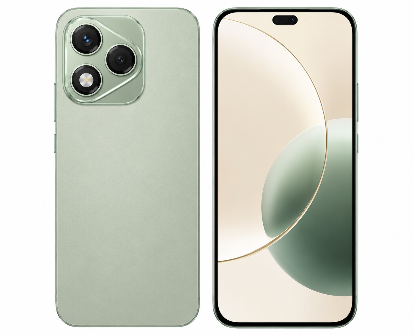 Green smartphone with triple rear cameras and front screen with circular wallpaper