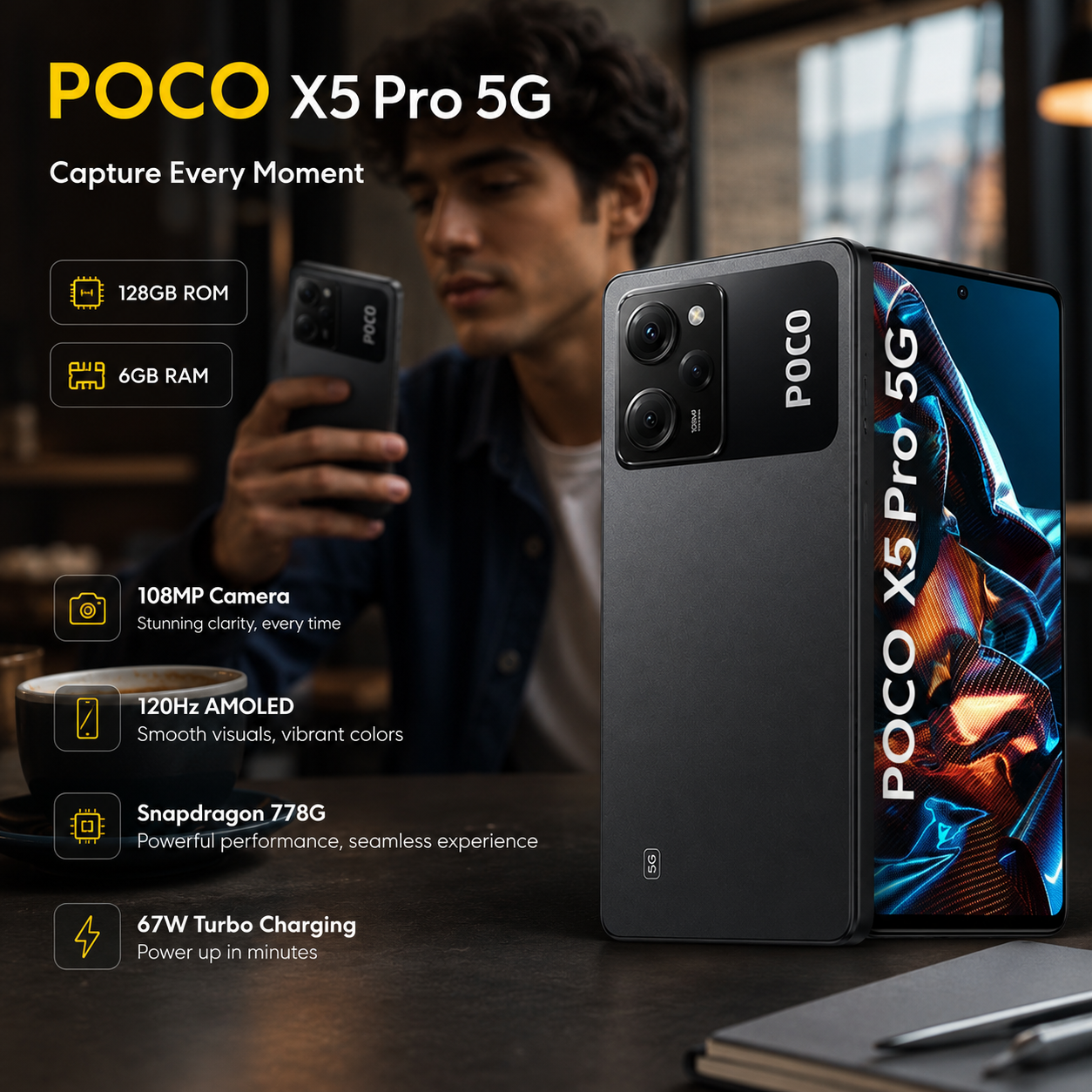 Xiaomi Poco X5 Pro 5G, Dual SIM, 128GB ROM 6GB RAM GSM Unlocked - Black