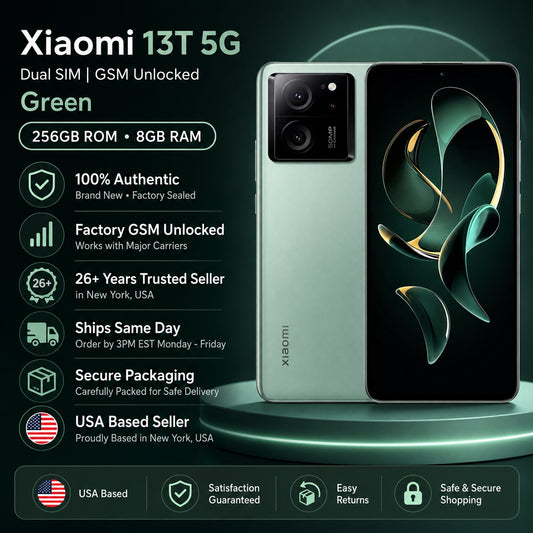 Green Xiaomi smartphone front and back with dual camera module and smooth display