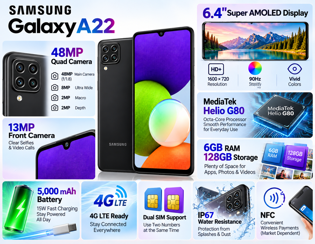 Samsung Galaxy A22 4G A225F LTE 128GB 6GB RAM Dual Sim GSM Unlocked - Black