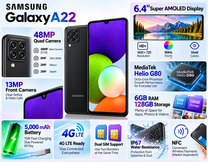 Samsung Galaxy A22 4G A225F LTE 128GB 6GB RAM Dual Sim GSM Unlocked - Black