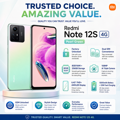 Xiaomi Redmi Note 12s 4G Dual SIM 256GB ROM 8GB RAM GSM Unlocked - Pearl Green