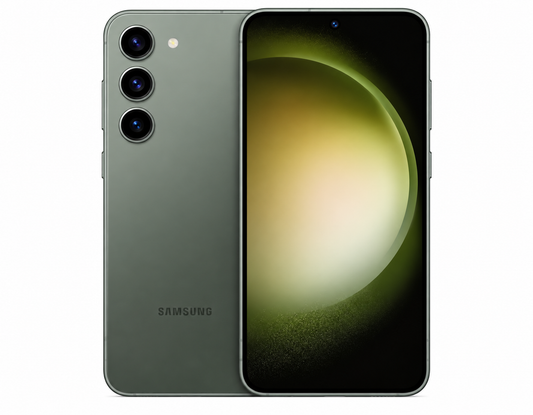 Green Samsung Galaxy S23+ smartphone showing front and rear cameras.