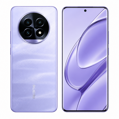 Realme 13 Pro 5G  Purple smartphone with triple rear camera and curved display, front view.