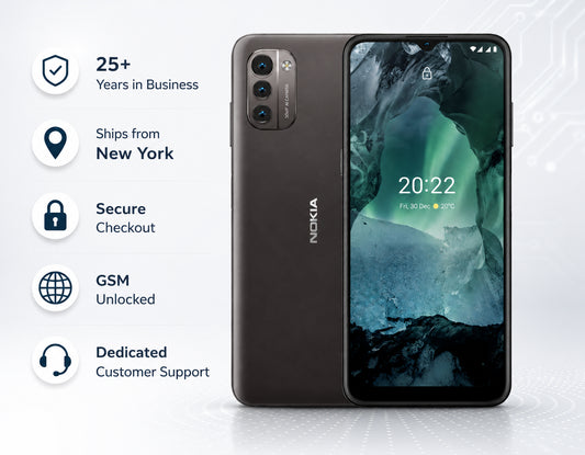Dusk gray Nokia G21 smartphone with dual rear cameras and front display on.