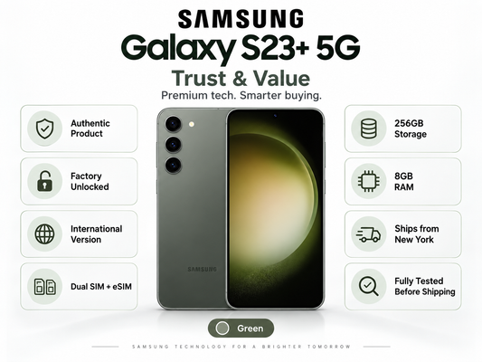 Samsung Galaxy S23+ 5G Green smartphone front and back shown in product listing graphic