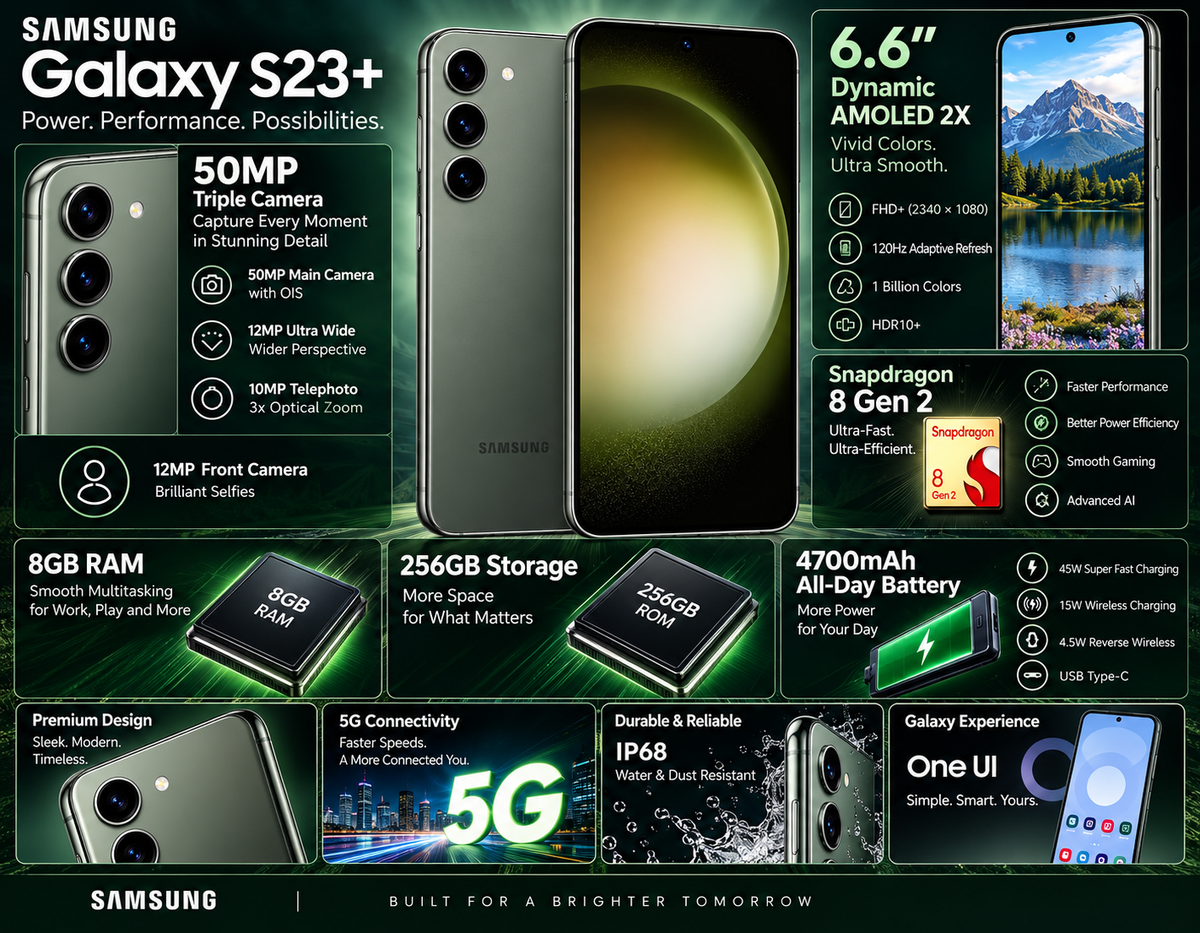 Green Samsung Galaxy S23+ 5G smartphone with dual rear cameras and front display, 8GB RAM.