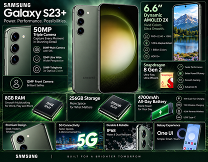 Green Samsung Galaxy S23+ 5G smartphone with dual rear cameras and front display, 8GB RAM.