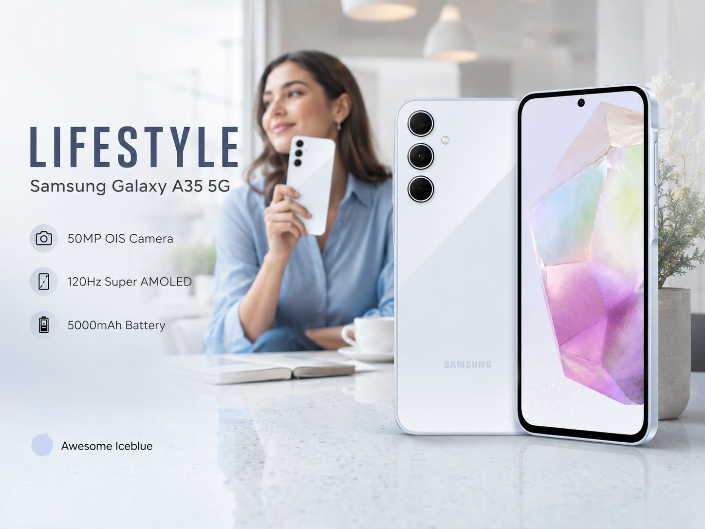 Samsung Galaxy A35 5G Woman holding an ice blue dual-SIM smartphone with colorful screen and triple cameras.