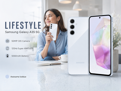 Samsung Galaxy A35 5G Woman holding an ice blue dual-SIM smartphone with colorful screen and triple cameras.