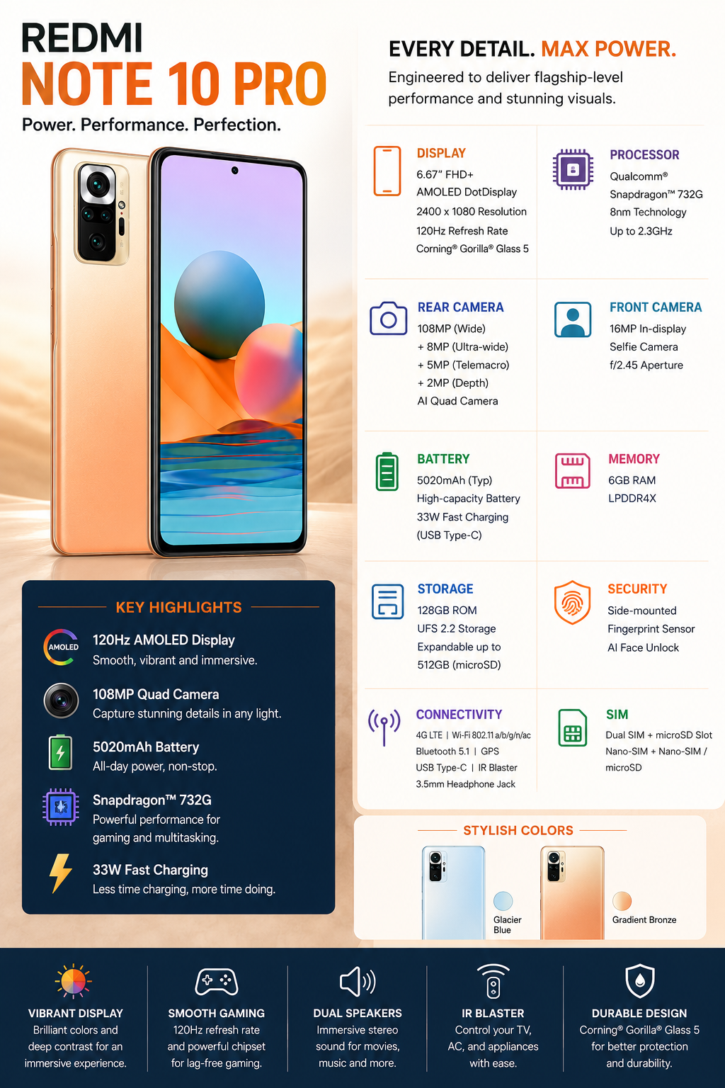 Xiaomi Redmi Note 10 Pro 128GB 6GB RAM GSM Unlocked - Gradient Bronze