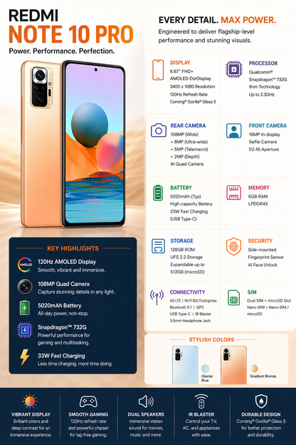 Xiaomi Redmi Note 10 Pro 128GB 6GB RAM GSM Unlocked - Gradient Bronze