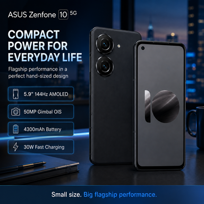 Asus Zenfone 10 AI2302 5G Black smartphone with dual rear cameras and front display, front-and-back view