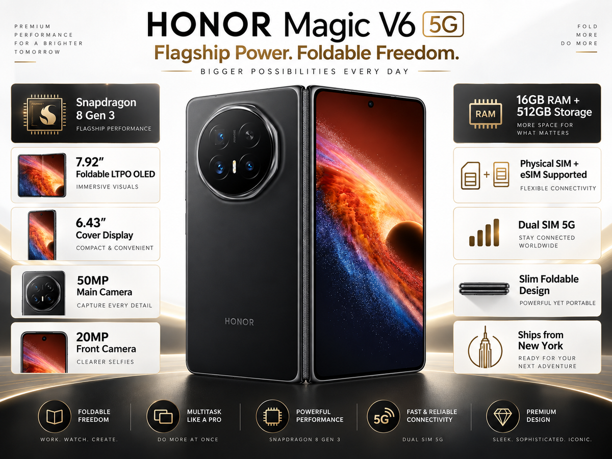 Honor Magic V6 5G Black foldable smartphone with dual closed panels, front and back shown