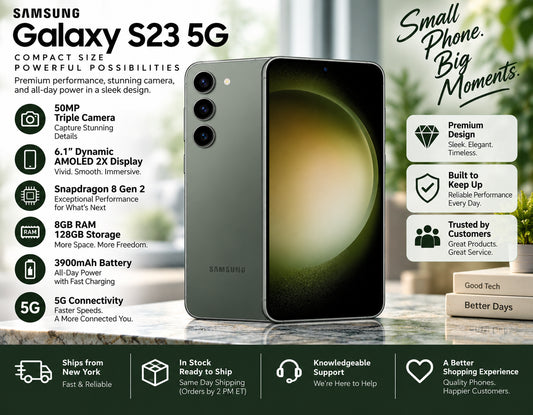 Samsung Galaxy S23 5G Green Samsung smartphone front and back view with three rear cameras and glossy display