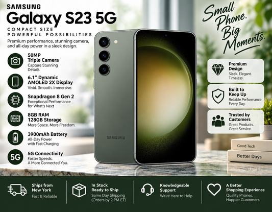 Samsung Galaxy S23 5G Green Samsung smartphone front and back view with three rear cameras and glossy display