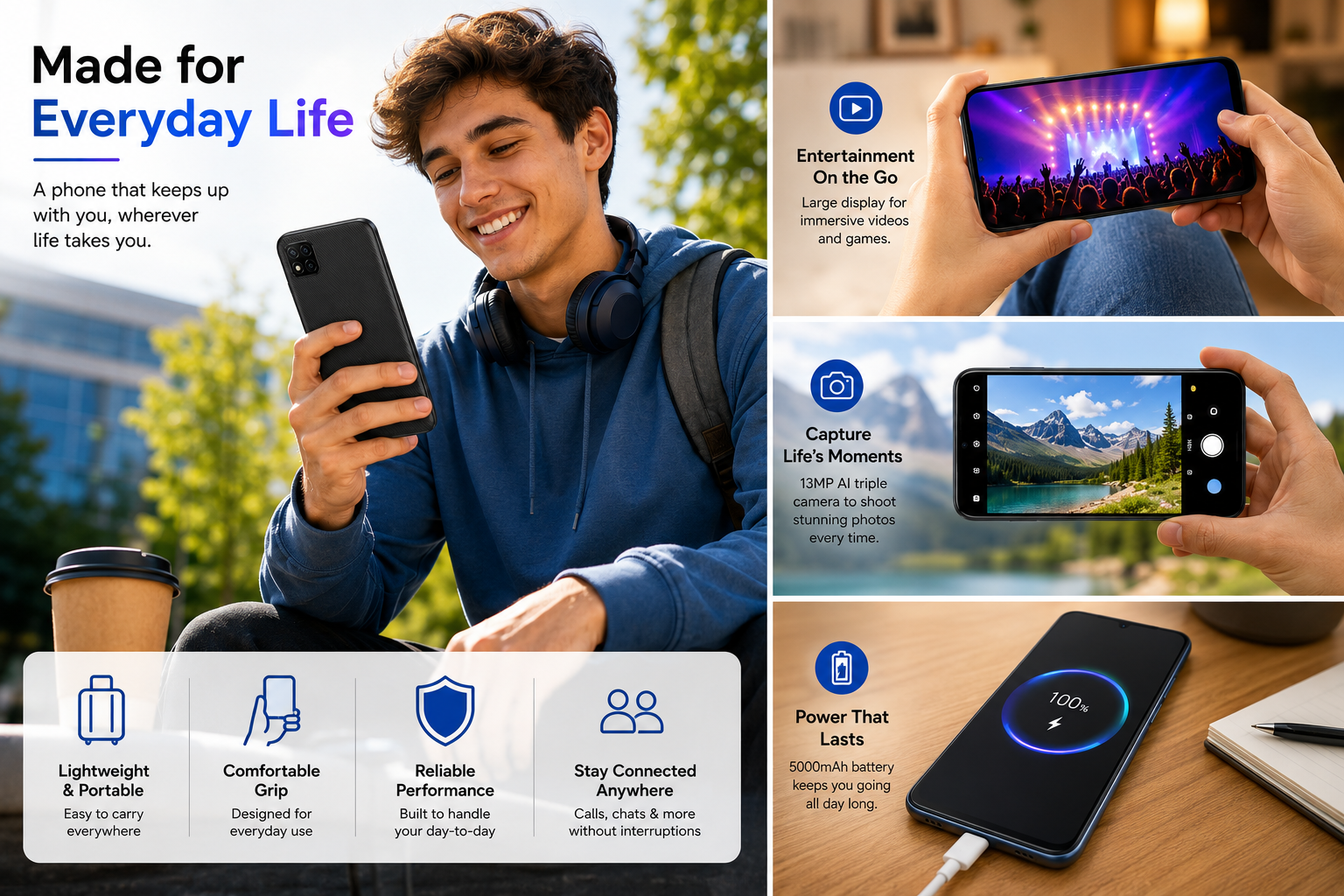 Xiaomi Redmi 9C Midnight grey smartphone held by a person with charging and camera panels
