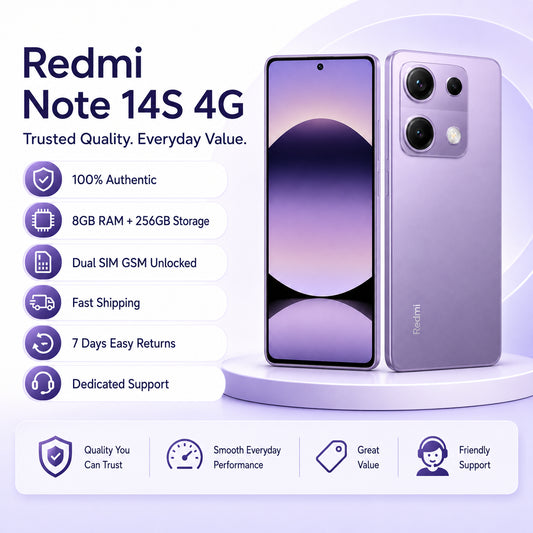Xiaomi Redmi Note 14S 4G Purple smartphone showing front and rear with triple camera; dual SIM.
