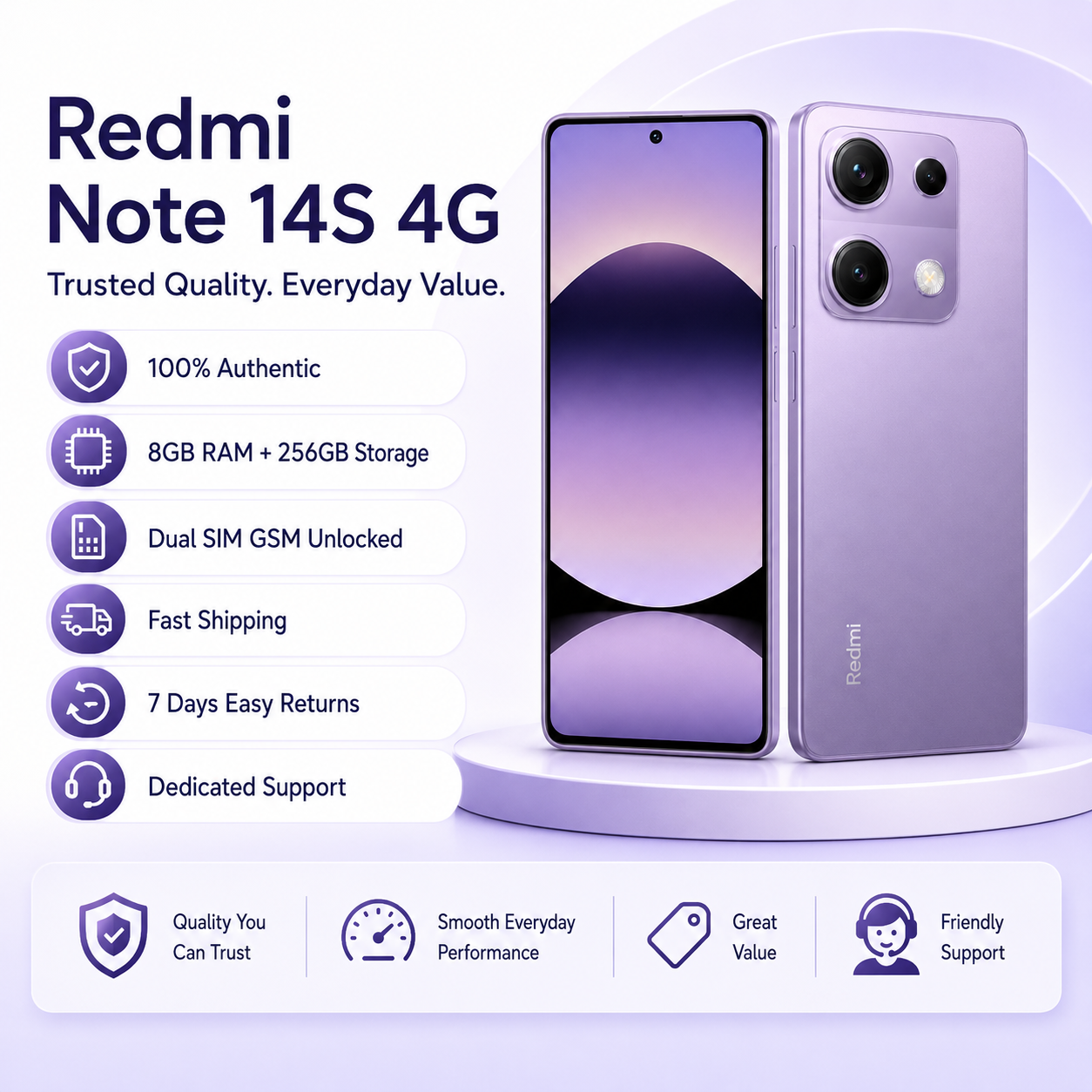 Xiaomi Redmi Note 14S 4G 256GB ROM 8GB RAM Dual Sim GSM Unlocked - Aurora Purple