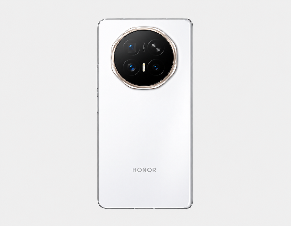 Honor Magic V6 5G White foldable smartphone back with circular quad-camera module.