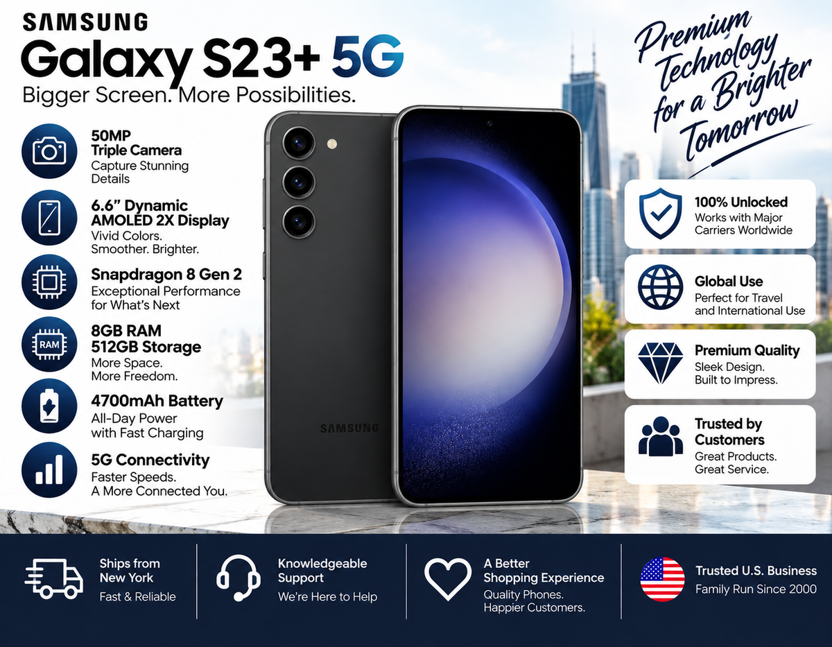 Phantom black Galaxy S23+ 5G smartphone with front display and multi-camera rear