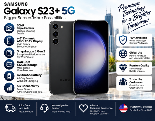 Phantom black Galaxy S23+ 5G smartphone with front display and multi-camera rear