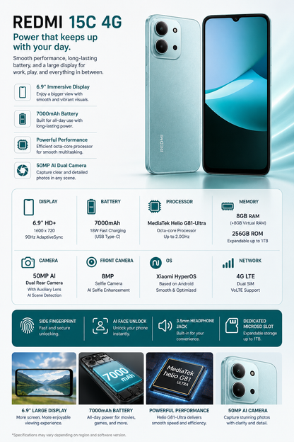 Light green 4G smartphone with dual rear cameras, front display, and key features