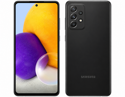 Samsung Galaxy A72 smartphone in black, front display and rear camera visible