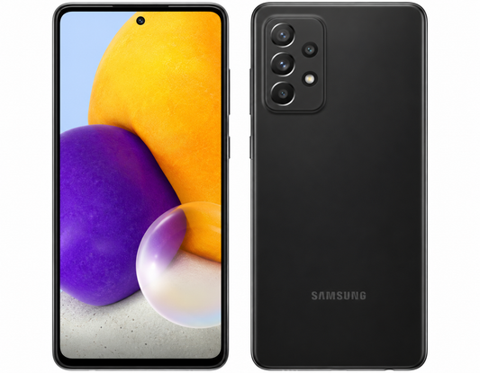 Samsung Galaxy A72 smartphone in black, front display and rear camera visible