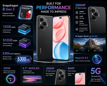Honor 400 Pro 5G Honor smartphone in black with pink screen and performance feature graphics