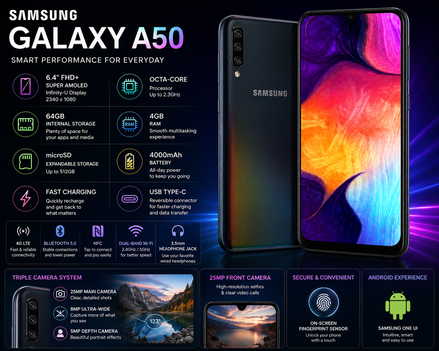 SAMSUNG Galaxy A50 unlocked smartphone shown front and back with triple rear camera