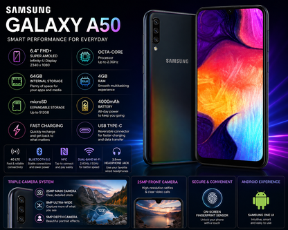 SAMSUNG Galaxy A50 unlocked smartphone shown front and back with triple rear camera