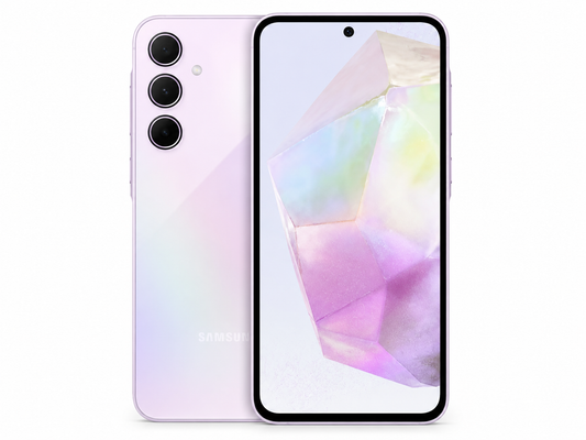 Lilac Samsung Galaxy A35 5G smartphone with front and back views.