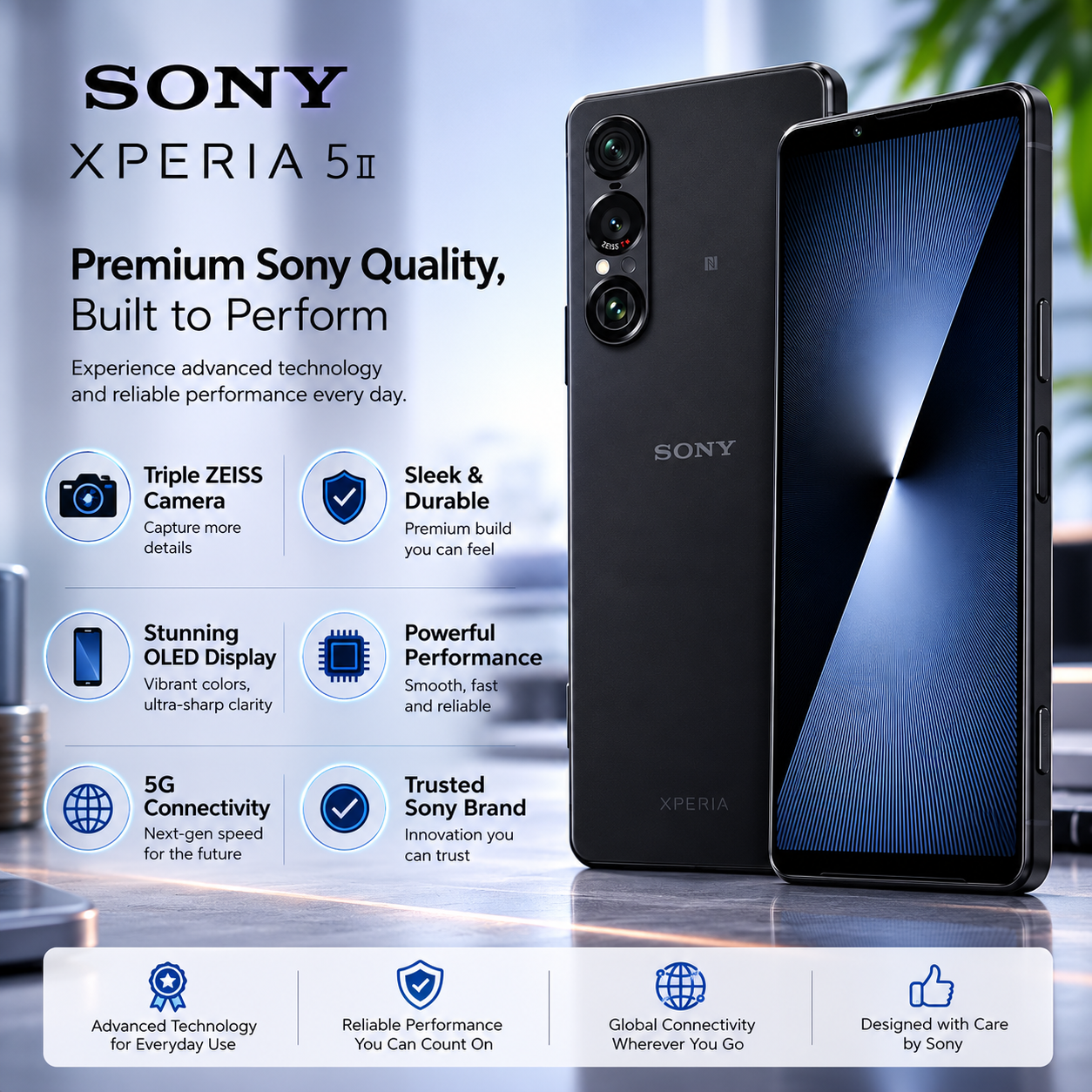 Sony Xperia 1 VII XQ-FS72 5G Black Sony smartphone with front OLED display and rear triple camera, slim profile.