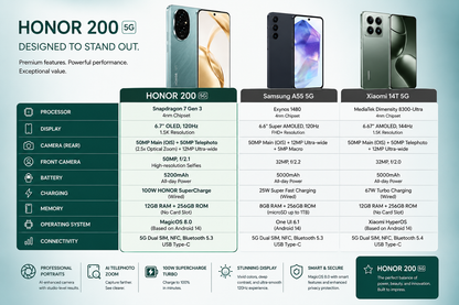 Honor 200 5G smartphone showing front and back in teal green and gold tones