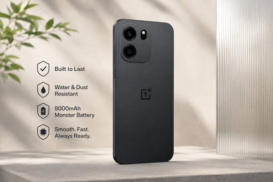 OnePlus Nord CE6 Black OnePlus smartphone standing upright with durability icons beside it