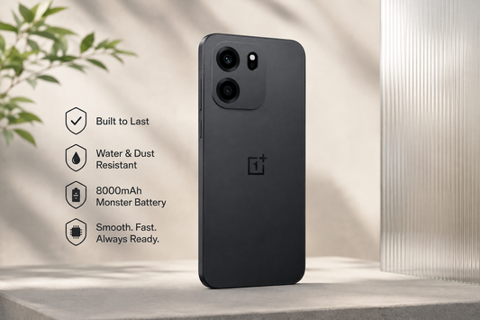 OnePlus Nord CE6 Black OnePlus smartphone standing upright with durability icons beside it