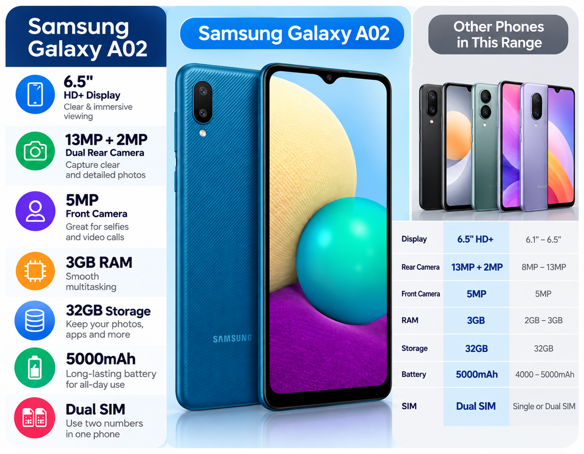 Blue Samsung Galaxy A02 smartphone with front display and rear camera back