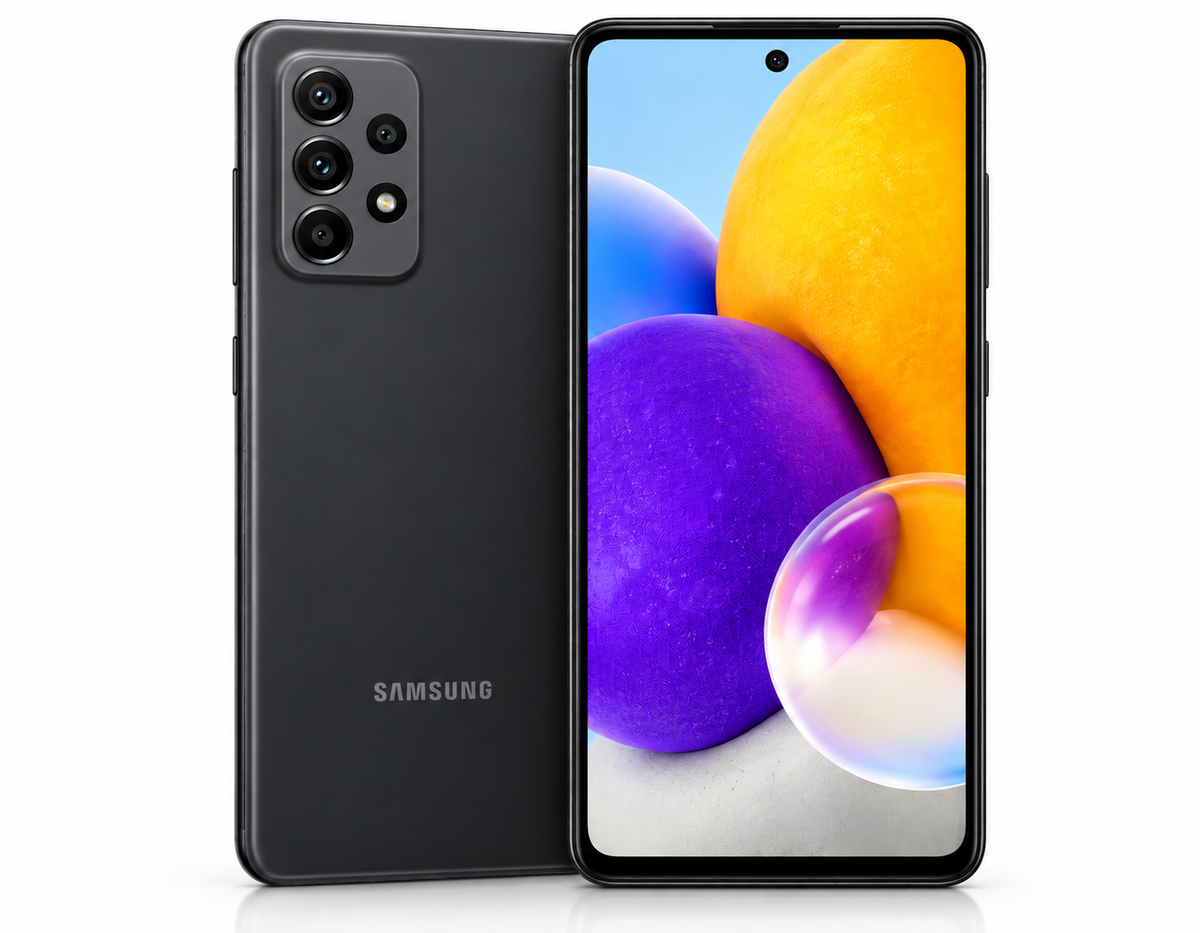 Black Samsung Galaxy A52 5G smartphone with front display and rear camera module