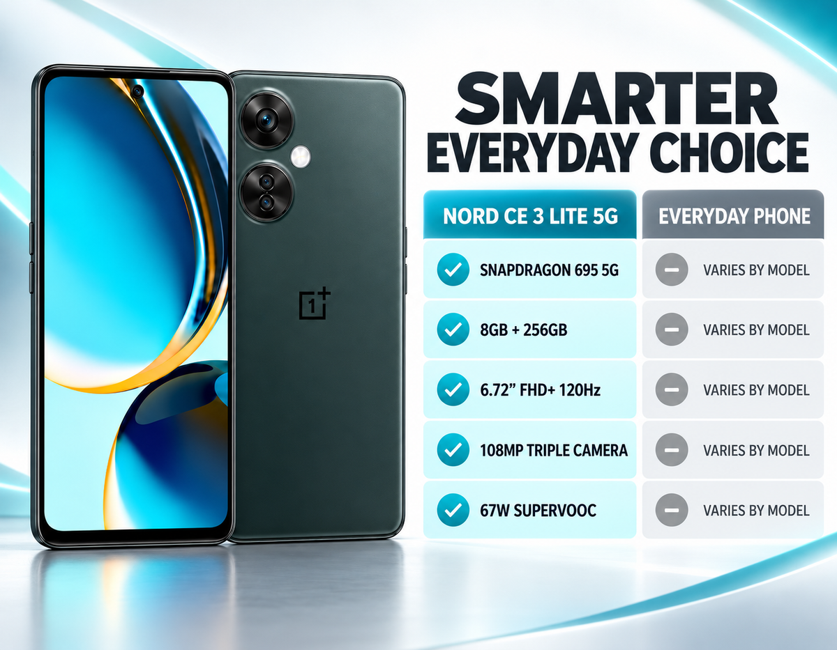 ONEPLUS Nord CE 3 Lite 5G smartphone in Chromatic Gray, side-by-side front and back