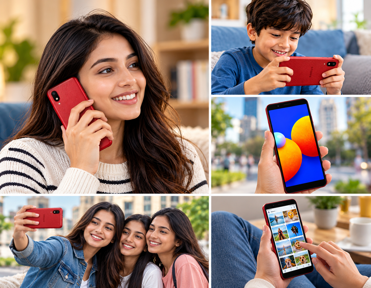 Samsung Galaxy A01 People holding a red Samsung phone; front screen and back camera visible in multiple shots.