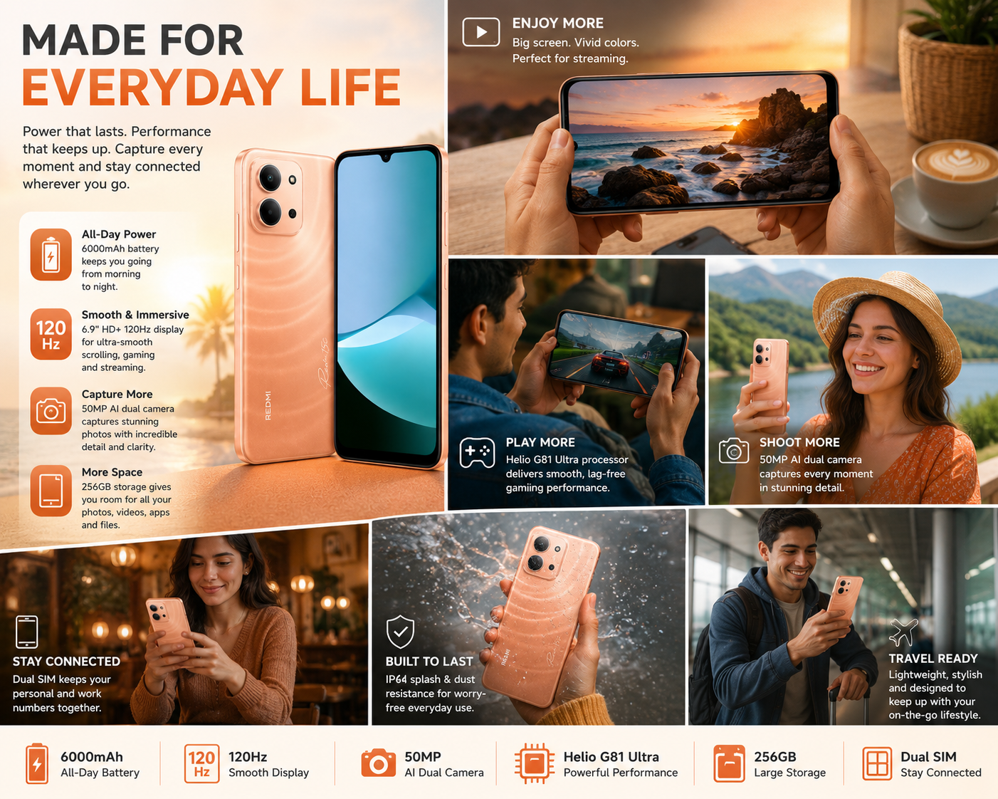 XIAOMI Redmi 15C 4G Rose gold smartphone held in hand showing a landscape video on the screen