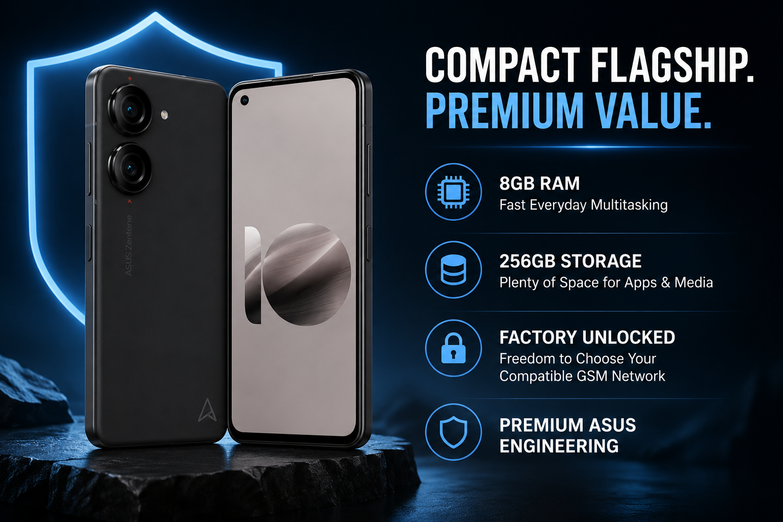 Black ASUS Zenfone 10 smartphone, front and back, dual rear cameras