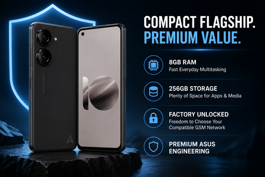 Black ASUS Zenfone 10 smartphone, front and back, dual rear cameras