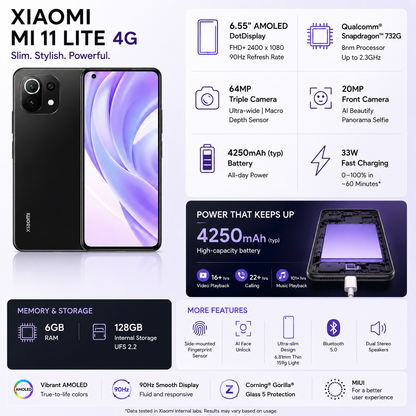 Xiaomi Mi 11 Lite 4G 128GB, 6GB RAM, Dual SIM LTE GSM Unlocked - Boba Black