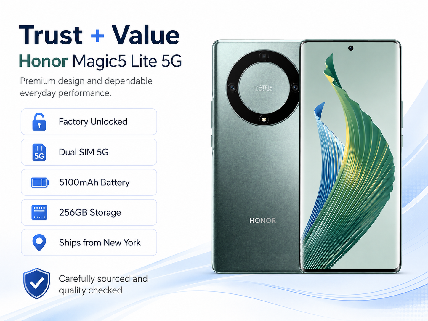 Green Honor Magic5 Lite 5G dual SIM phone, front and back, circular camera on rear