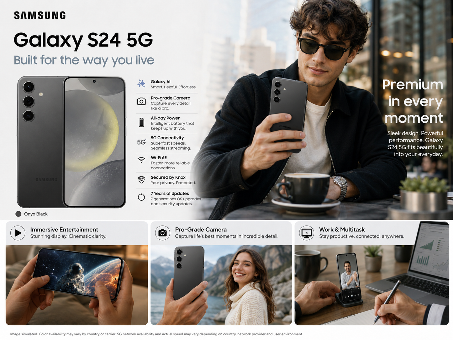 Onyx Black Galaxy S24 5G phone in hand with front display visible, lifestyle shot.