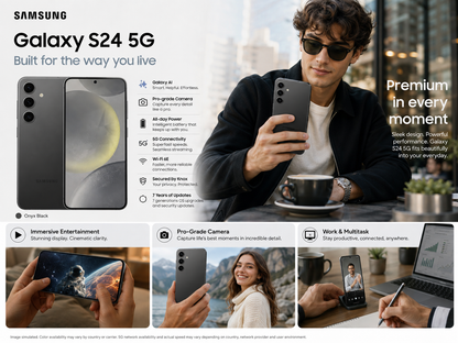 Onyx Black Galaxy S24 5G phone in hand with front display visible, lifestyle shot.